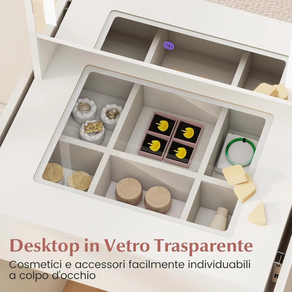 Toeletta Trucco con Luci LED, Tavolo da Trucco con Specchio e Stazione di Ricarica, Postazione Trucco con Cassetto, 2 Piani d'Appoggio a Ribalta, Bianco (Modello 3)
