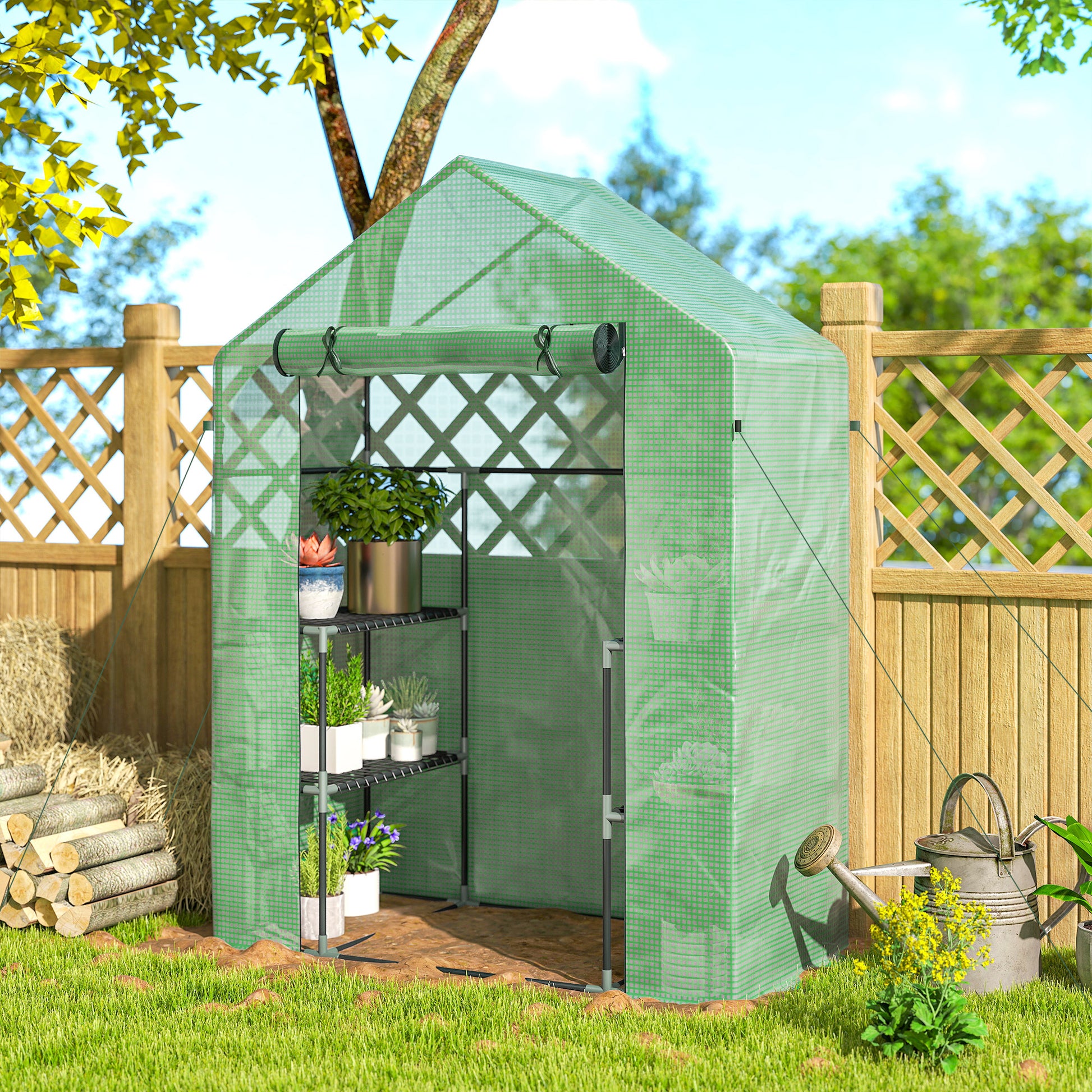 Serra da Giardino 142x73x195 cm con 2 Mensole a 3 Livelli e Ingresso a Zip in Acciaio e PE Verde