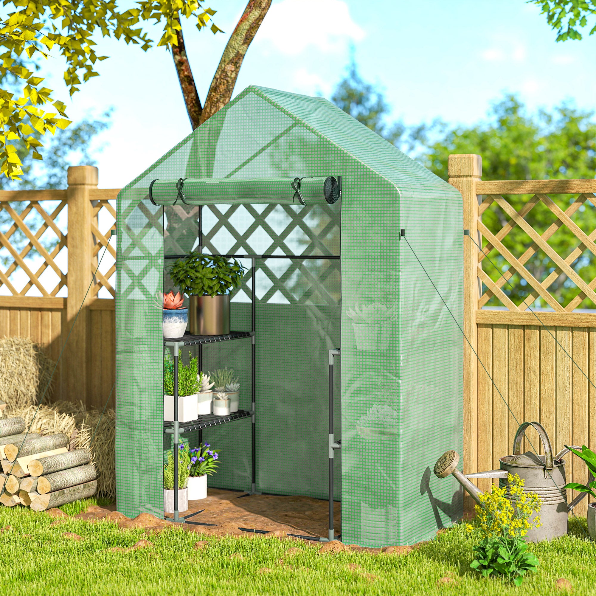 Serra da Giardino 142x73x195 cm con 2 Mensole a 3 Livelli e Ingresso a Zip in Acciaio e PE Verde