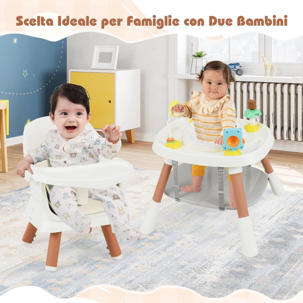 Seggiolone Pappa Bambini, con Cintura e Vassoio Rimovibile (Bianco) | Sedia Evolutiva per Neonati 6-36 Mesi con Cintura e Vassoio Rimovibile, 3 Giochi e Cestino
