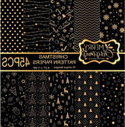 Set di disegni per carta di Natale a 45 pezzi, 10 progetti, carta decorativa doppia faccia per carteggiare e scrapbook, formato A4, nero e oro.
