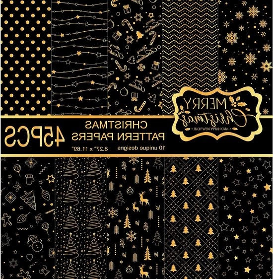 Set di disegni per carta di Natale a 45 pezzi, 10 progetti, carta decorativa doppia faccia per carteggiare e scrapbook, formato A4, nero e oro.