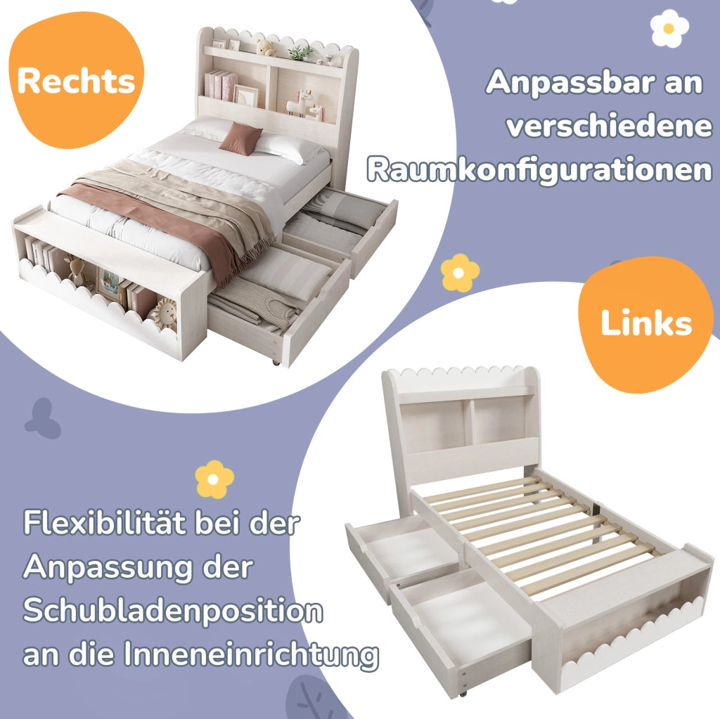 LETTO Singolo 90x200 cm con Cassetti, Scaffali e Modulo contenitore Bianco e Rovere