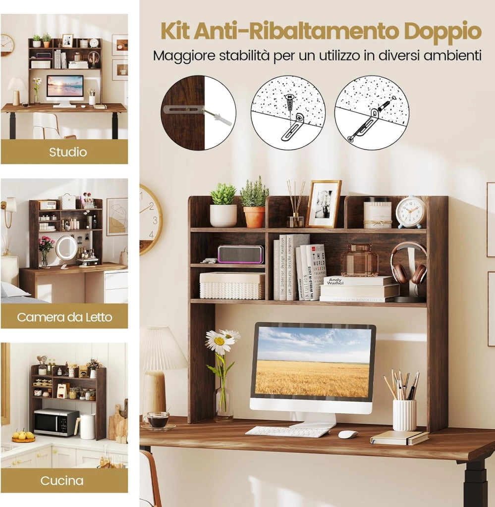 Libreria da Scrivania, Scaffale da Scrivania con 6 Ripiani in Legno, Scomparto Aperto per Monitor 32", Espositore per Dormitori Uffici Studio, 94 x 24 x 85 cm (Marrone)