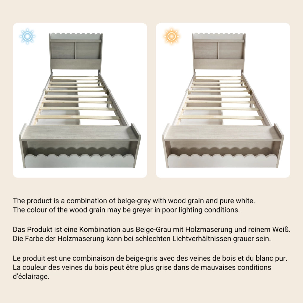 DESMIU Letto per bambini singolo con 2 cassetti, ripiani e panca contenitore 90 × 190 cm, senza materasso, bianco rovere
