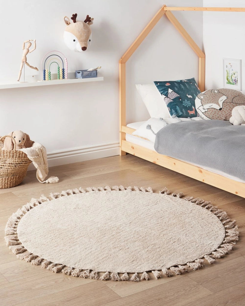 Tappeto rotondo in cotone beige 120 cm  stile boho per soggiorno e cameretta