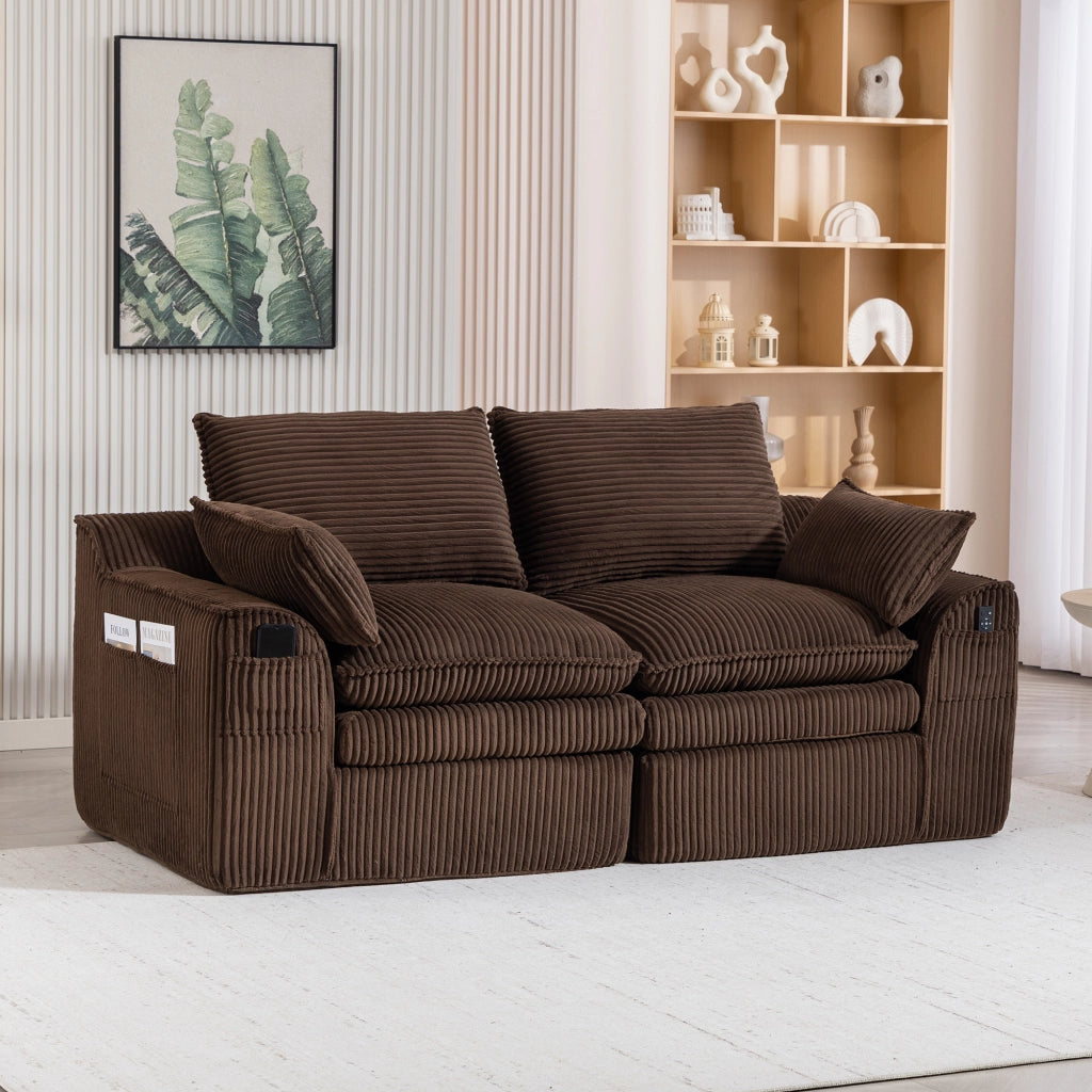 Divano 2 posti modulare in corduroy marrone 191x94x85 cm con tasche laterali e cuscini