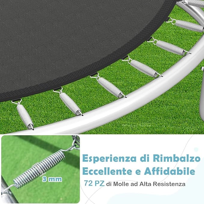 Trampolino Elastico per Bambini e Adulti 244 cm/305 cm/366 cm, Tappeto Elastico da Esterno con Rete di Sicurezza, Scala e Telaio in Acciaio Zincato Antiruggine
