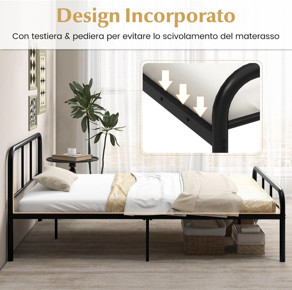 Struttura per Letto Matrimoniale, Letto Piattaforma in Metallo Moderno con Testiera e Pediera, 12 Doghe Metalliche, Silenziosa, Carico 300 kg (Stile 2 190x140cm)