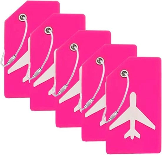 Set di 5 etichette per valigie in silicone con anello in acciaio inossidabile, protezione della privacy, accessori di viaggio con etichette - rosa rosso