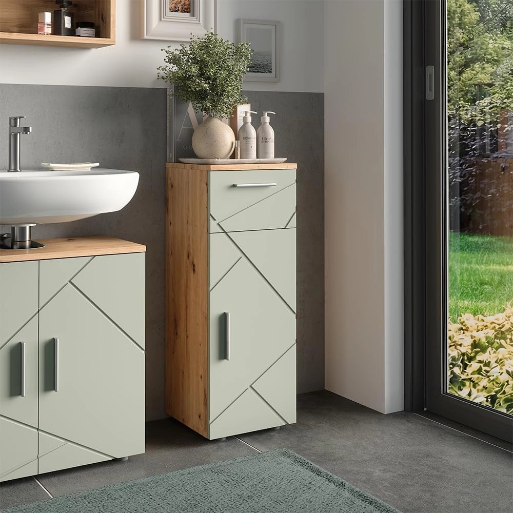 mobiletto bagno Irma, Verde salvia, 30 x 81 cm, per la conservazione in bagno, abbinabile alla serie Irma