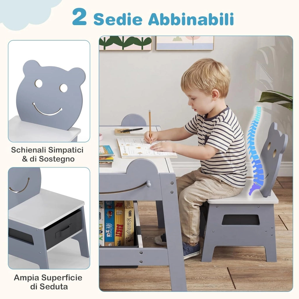 Set Tavolo e 2 Sedie per Bambini, 5 in 1 Tavolino e Sedie con 4 Ganci, 3 Scatole in Tessuto e Lavagna Reversibile per Bambini 3+ Anni per Cameretta Ragazzi (Grigio, Stile 5)