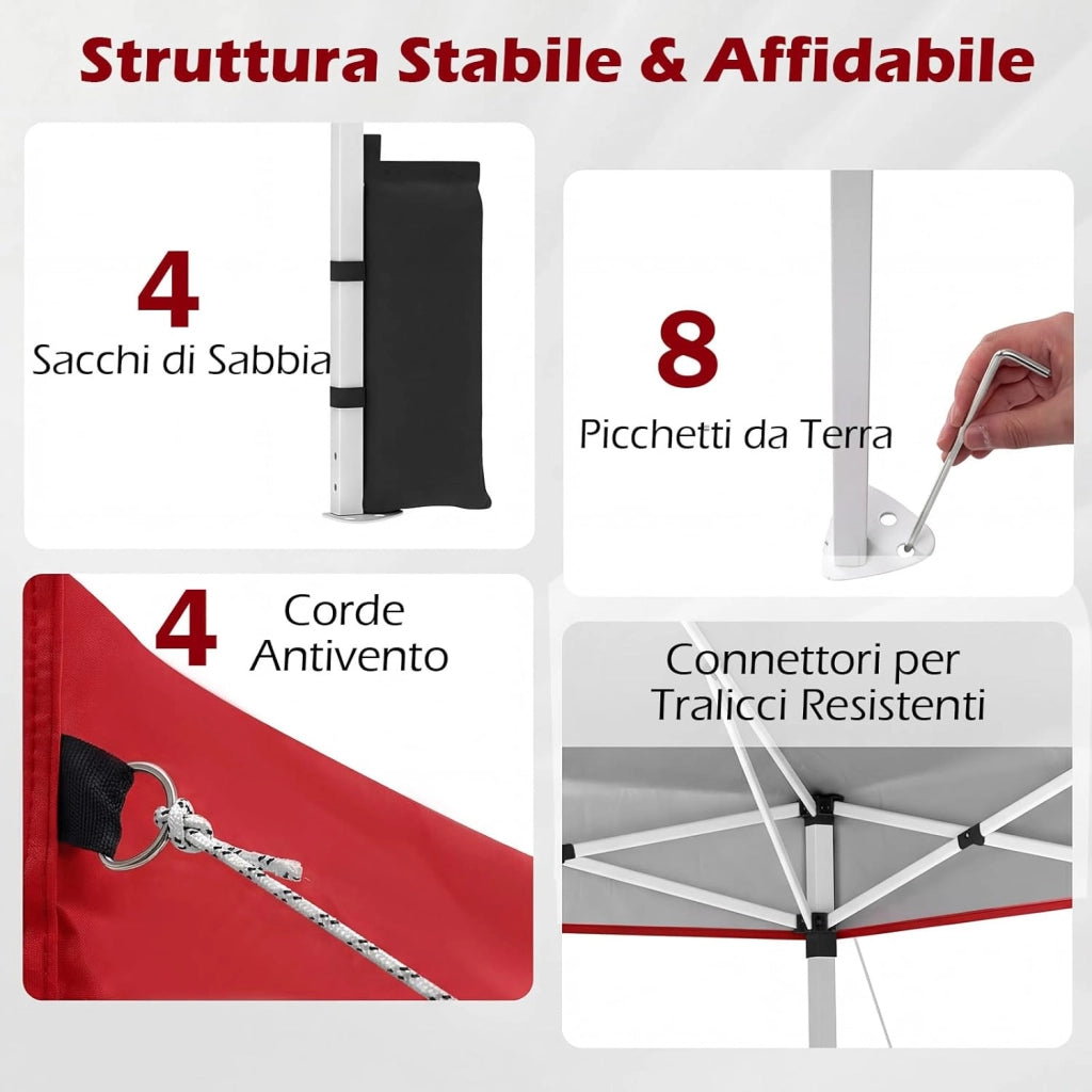 Gazebo Pieghevole Pop-up da 3 x 3 m, Gazebo da Giardino Impermeabile con Blocco Centrale, Borsa da Trasporto, Sacchi di Sabbia e Picchetti, Regolabile in Altezza (Rosso)