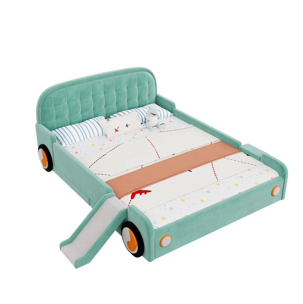 Letto per bambini 140x200 cm a forma di auto con scivolo e scala reversibili in velluto blu-verde