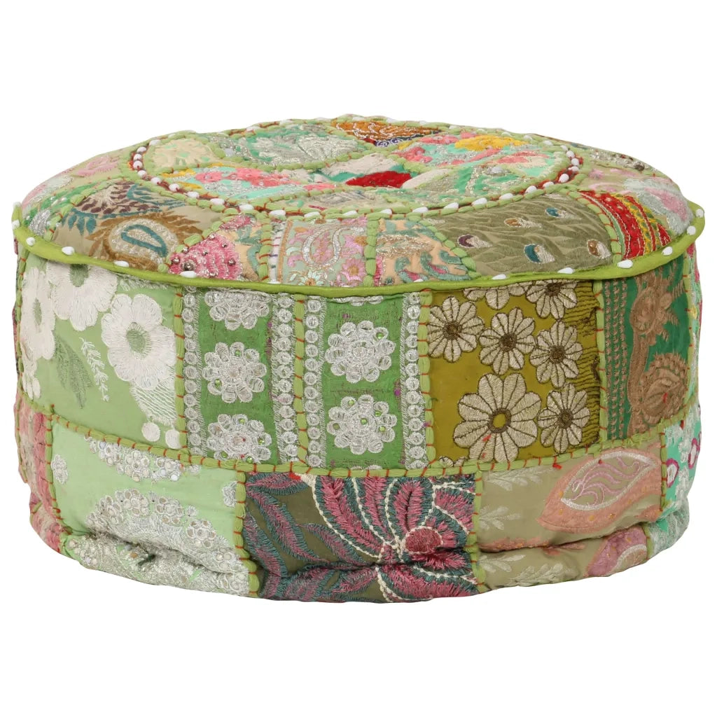 Pouf Patchwork Rotondo Fatto a Mano in Cotone 40x20 cm Verde 246573