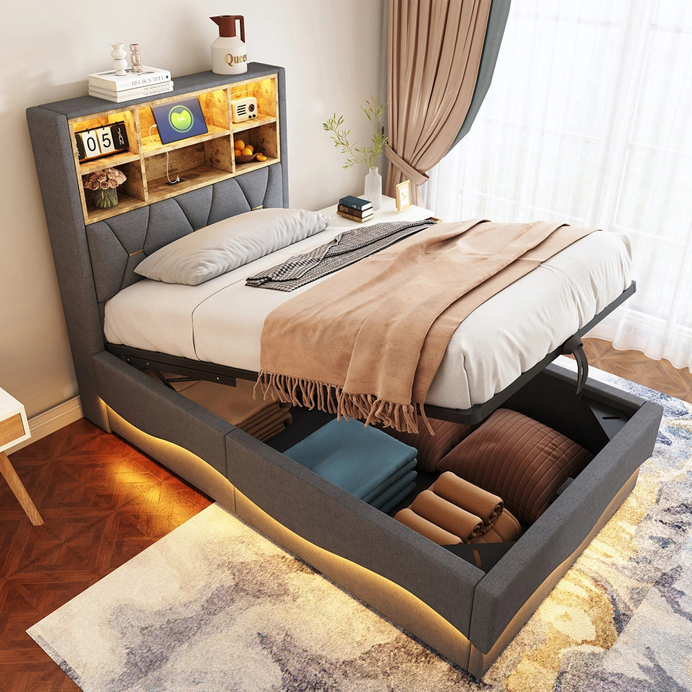 Letto bambino-Xylo-90x200 cm-LED app, USB, metallo, lino grigio