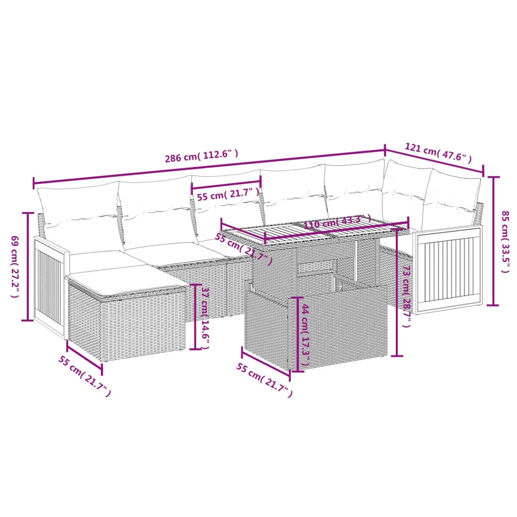 Set Divano da Giardino 8 pz con Cuscini Beige in Polyrattan