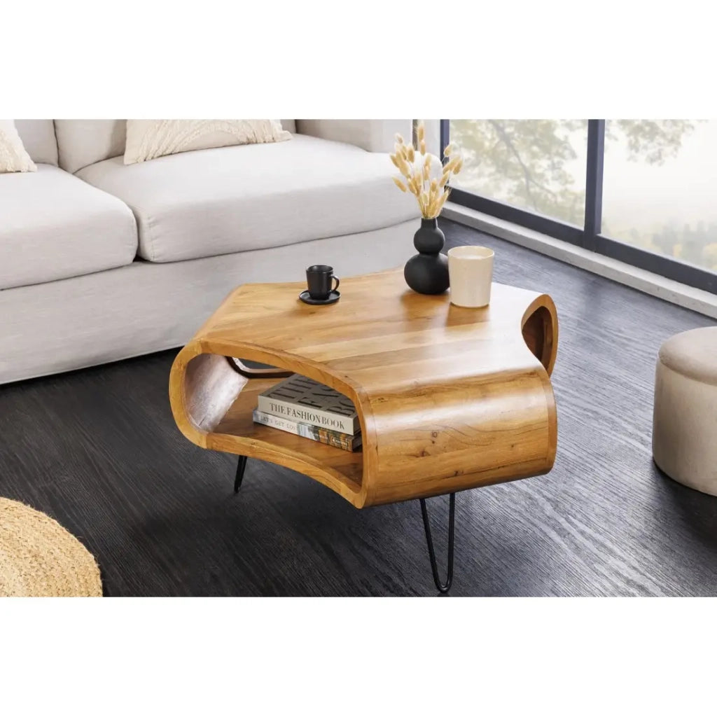 Tavolino basso NERA 70 cm in legno massiccio di acacia con nicchia e piedi in metallo nero – stile retro industriale