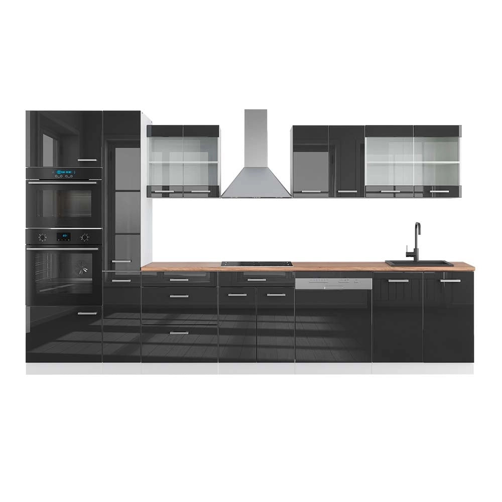 Mobile da cucina R-Line Antracite lucido/Bianco 350 cm con armadio alto, PL Rovere Vicco