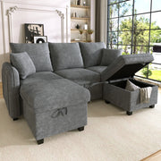 Divano angolare convertibile 3 Posti modulare con contenitore, 2 Pouf, 2 Cuscini, in Ciniglia Grigio Scuro