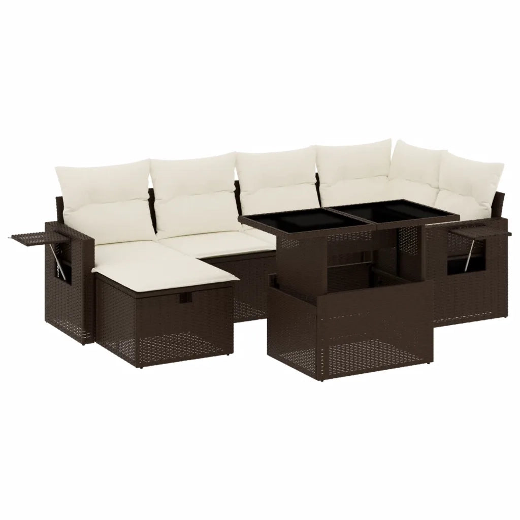 Set Divani da Giardino 7 pz con Cuscini Marrone in Polyrattan