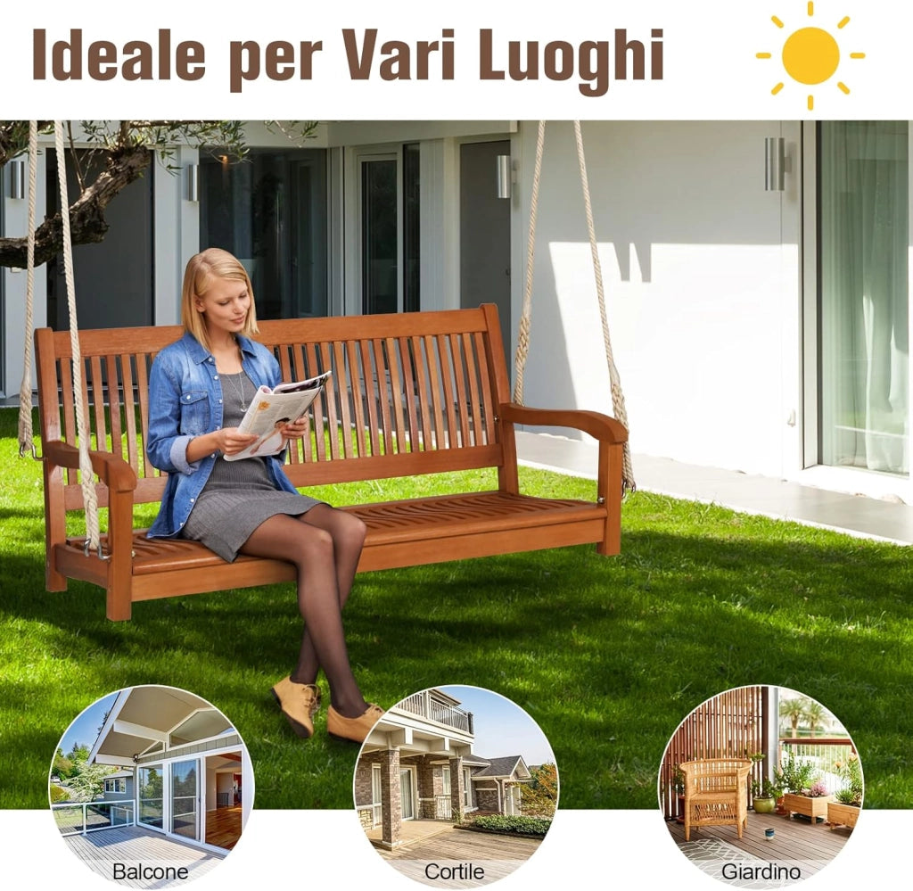 Dondolo Sospeso da Esterno con 2 Posti, Panca Altalena in Legno di Eucalipto con 2 Corde, Carico Massimo 360 kg, Ideale per Portico, Cortile e Balcone, 126 x 62 x 60 cm