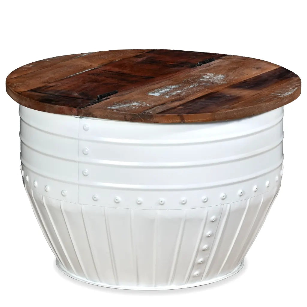 Tavolino da Caffè Legno Massello Riciclato Bianco Forma a Botte 245254