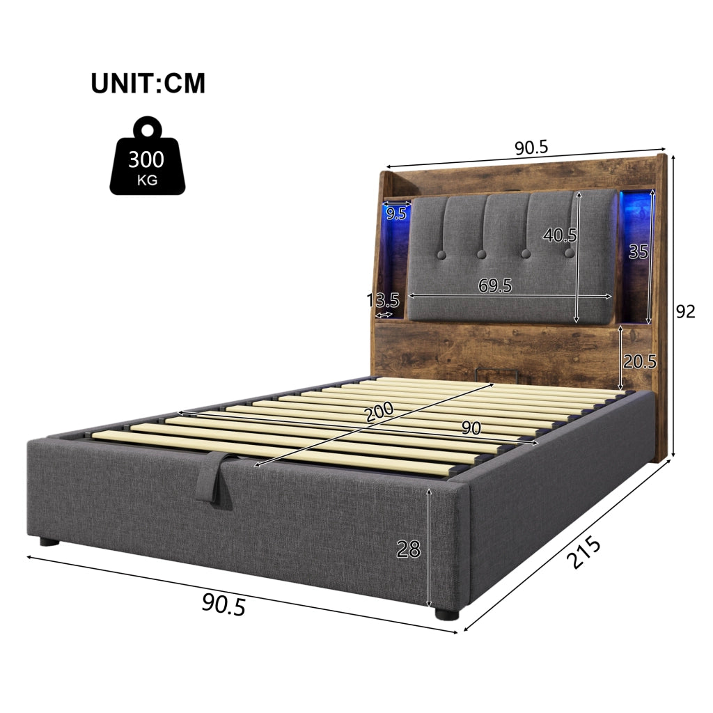 Letto singolo 90×200 cm con contenitore; LED; USB e Type-C; testiera con ripiani; senza materasso; lino; grigio