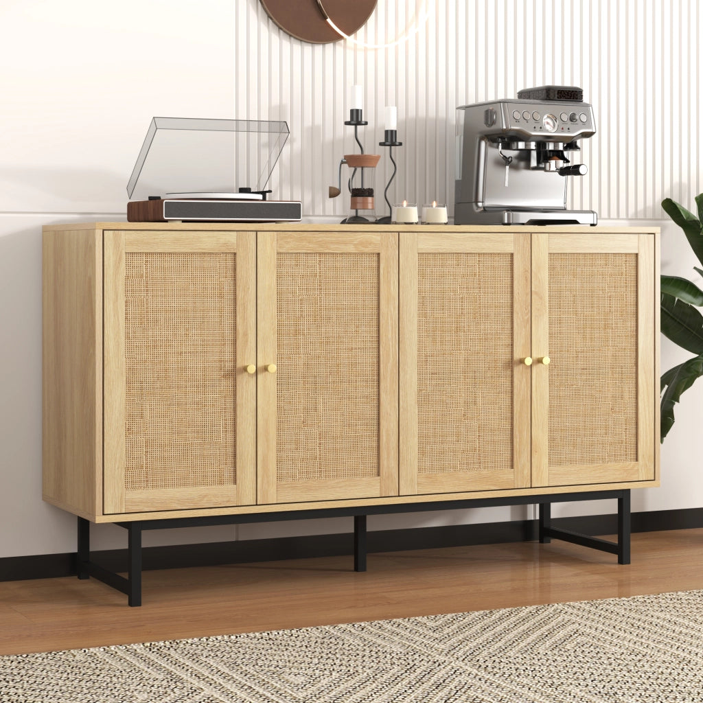 Madia con 4 Ante e Ripiani Regolabili; Rattan Naturale; Stile Moderno; in Pannello Truciolare; 140??39;5??80 cm; Legno