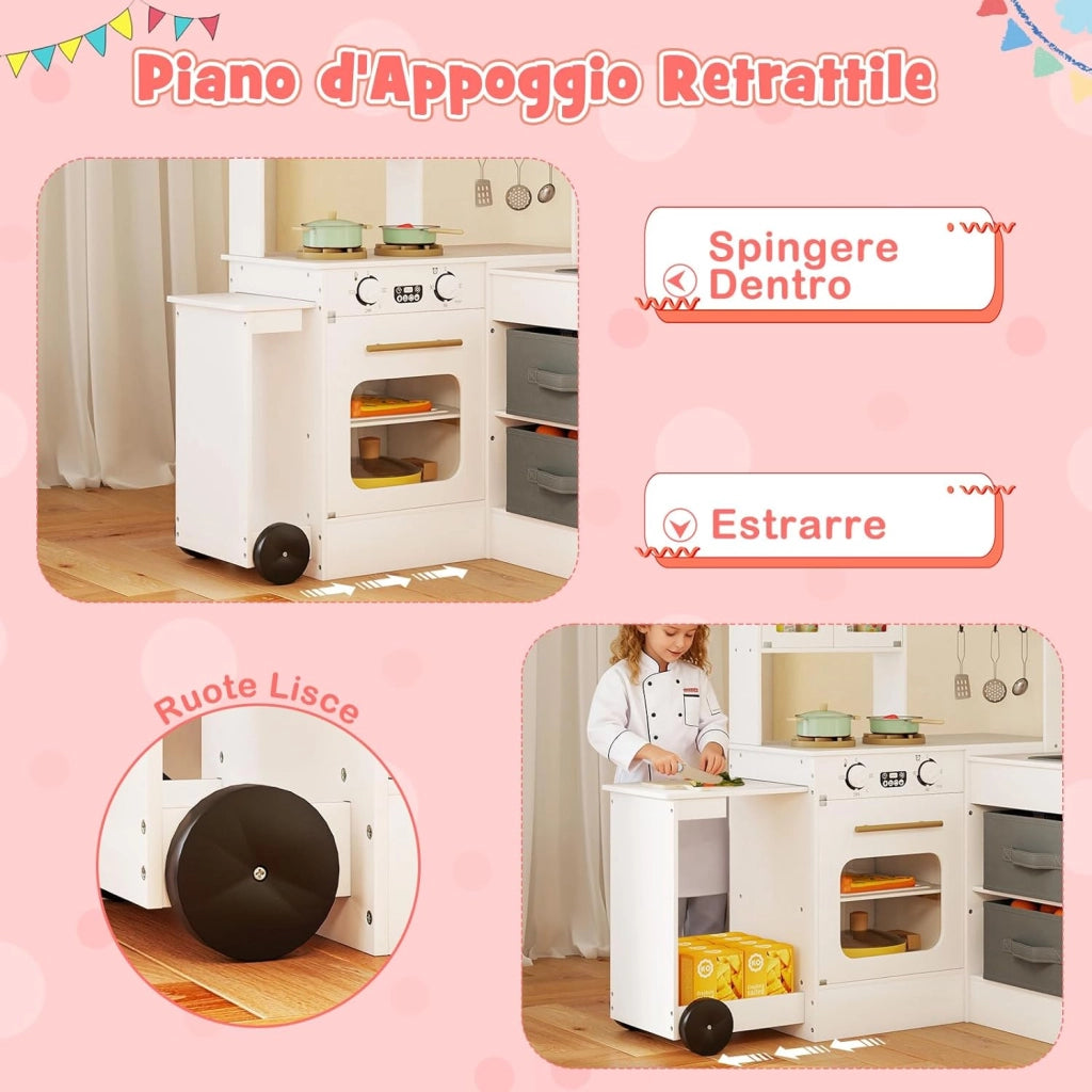 Cucina Giocattolo Angolare in Legno, Set di Cucina Giocattolo per Bambini con Lavabo, Fornelli, Forno, Frigorifero, Macchina del Ghiaccio e Accessori, per Bambini 3 Anni+ (Bianco)