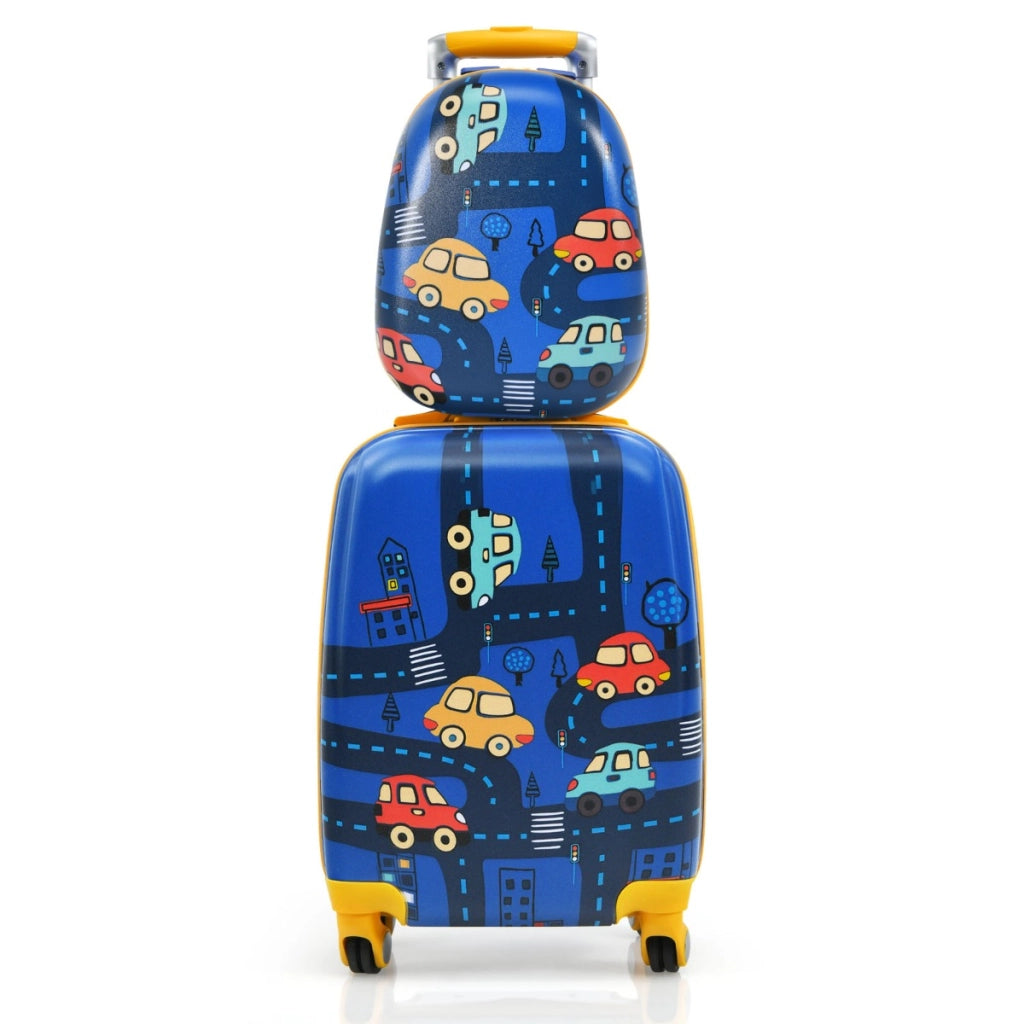 Set valigia rigida 32cm e zaino 24cm con manico retrattile, Set valigia con ruote da viaggio per bambini Blu-Bagagli e borse