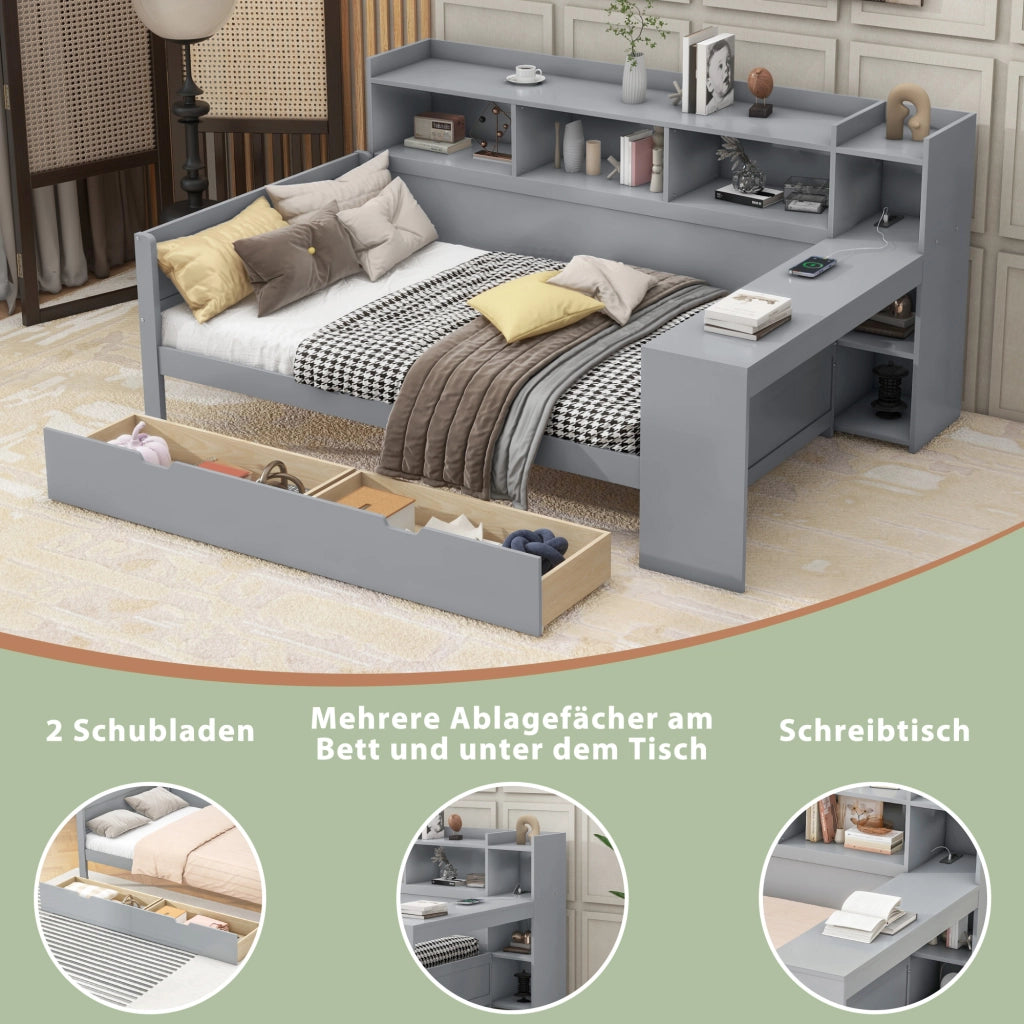 Letto singolo salvaspazio 90×200 cm con 2 cassetti; USB; prese e scrivania; senza materasso; grigio
