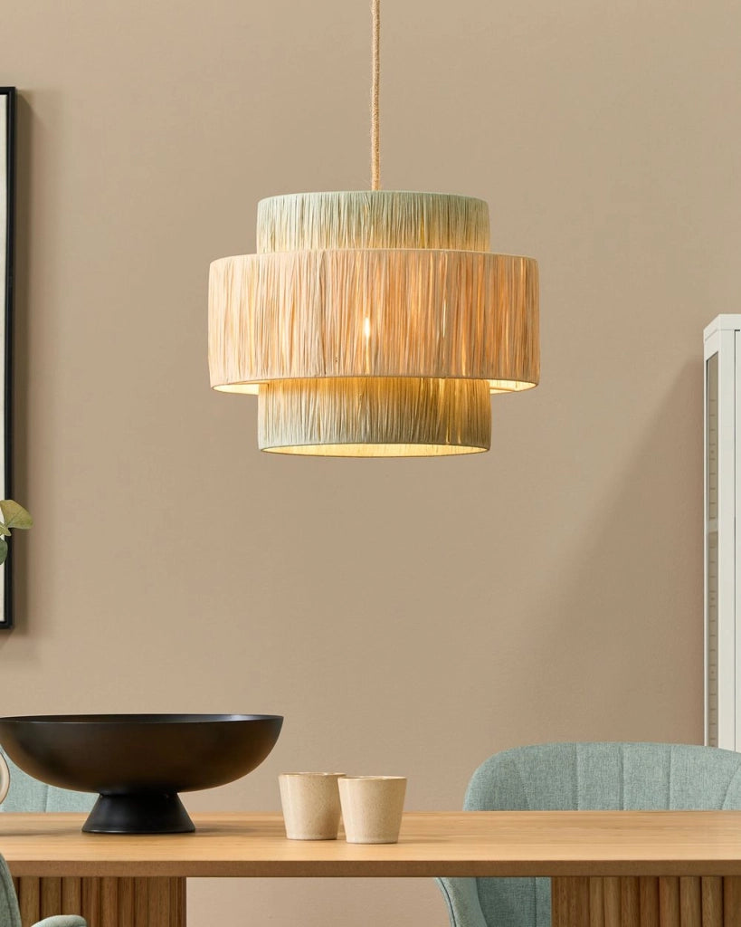 Lampada a sospensione con paralume in carta naturale e verde Japandi in stile naturale con cavo di iuta