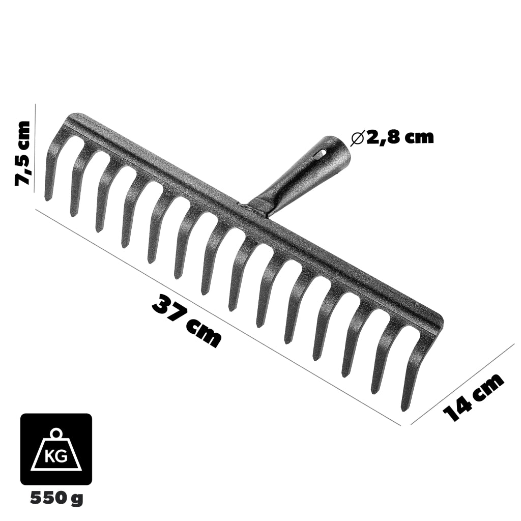 Rastrello per foglie in acciaio KADAX a 14 denti, senza manico, per terra ed erba.