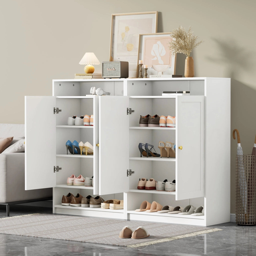 Scarpiera con 2 ante ripiani regolabili e vani aperti per ingresso in truciolare bianco 146 × 34 × 109 cm