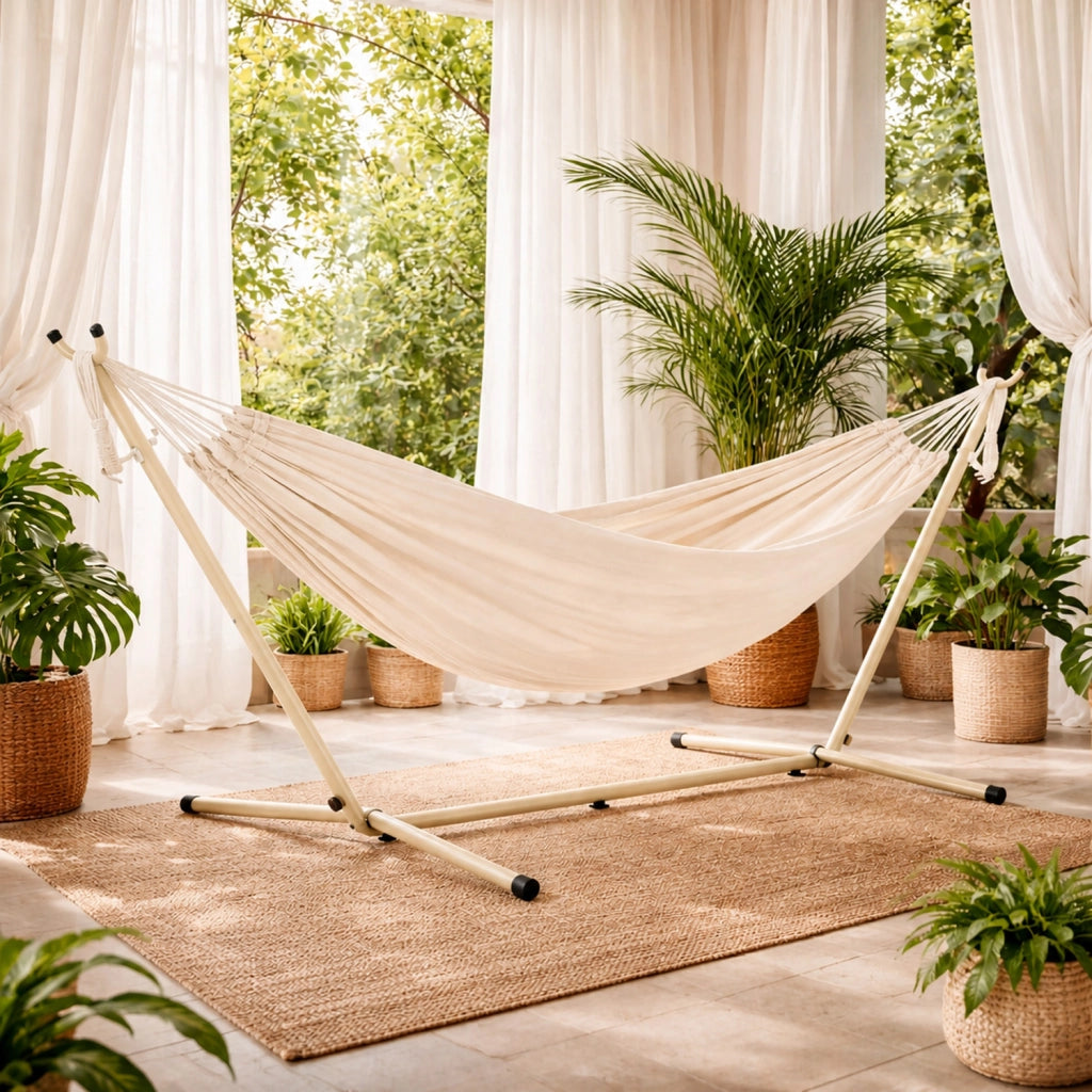 Amaca Brasiliana Con Supporto In Acciaio Altezza Regolabile Telo Cotone Da Esterno Per Giardino Balcone Piscina 100 x 110 x 265 Cm Beige