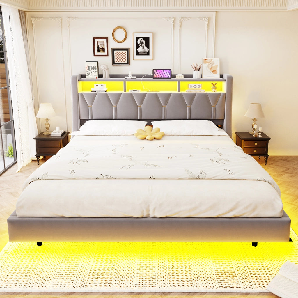 Letto matrimoniale imbottito 180x200 cm con testiera ribaltabile; USB e LED; velluto grigio chiaro