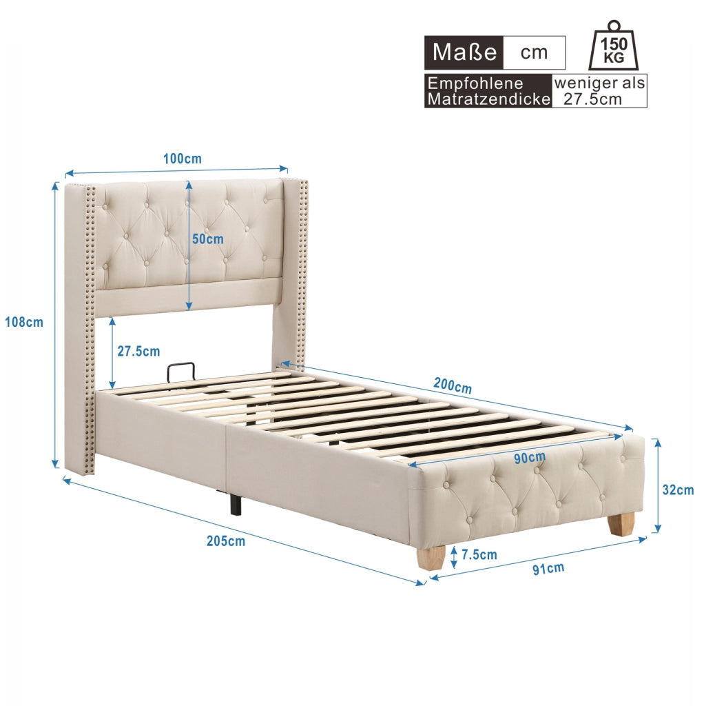 Letto imbottito 90x200 cm in lino beige con testiera capitonné e rete a doghe