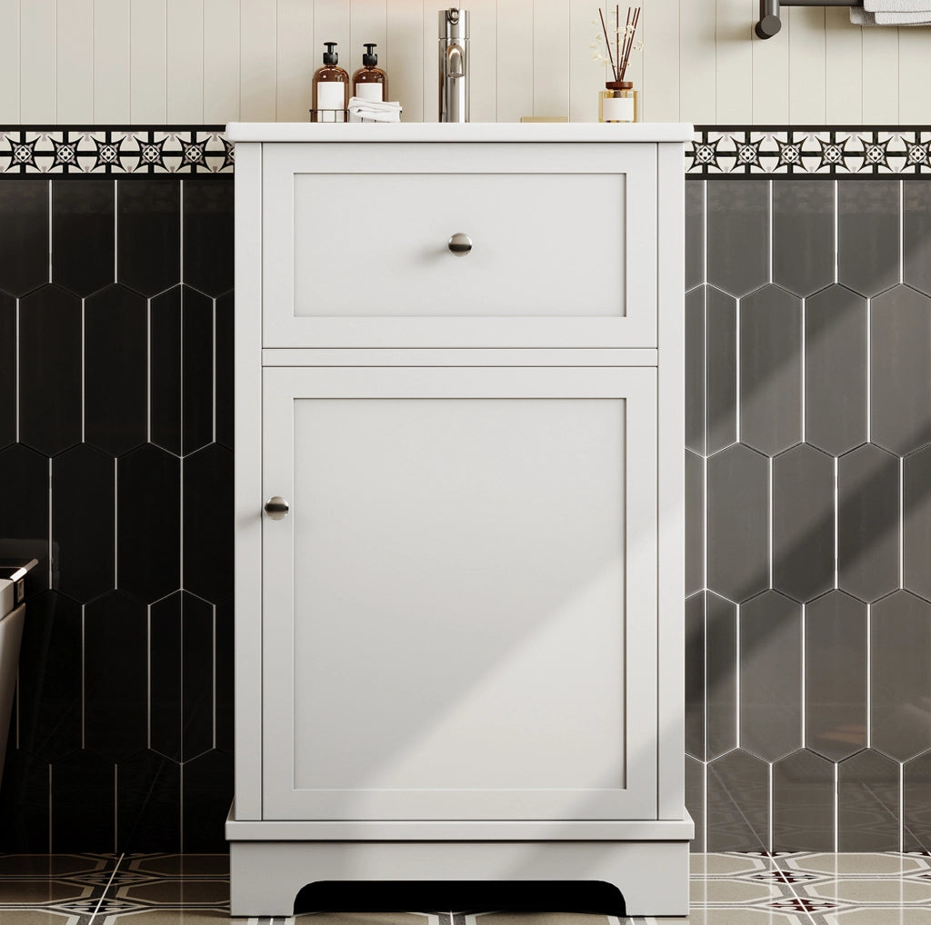 Mobile bagno con lavabo integrato in ceramica bianco, vano contenitore e ripiano regolabile