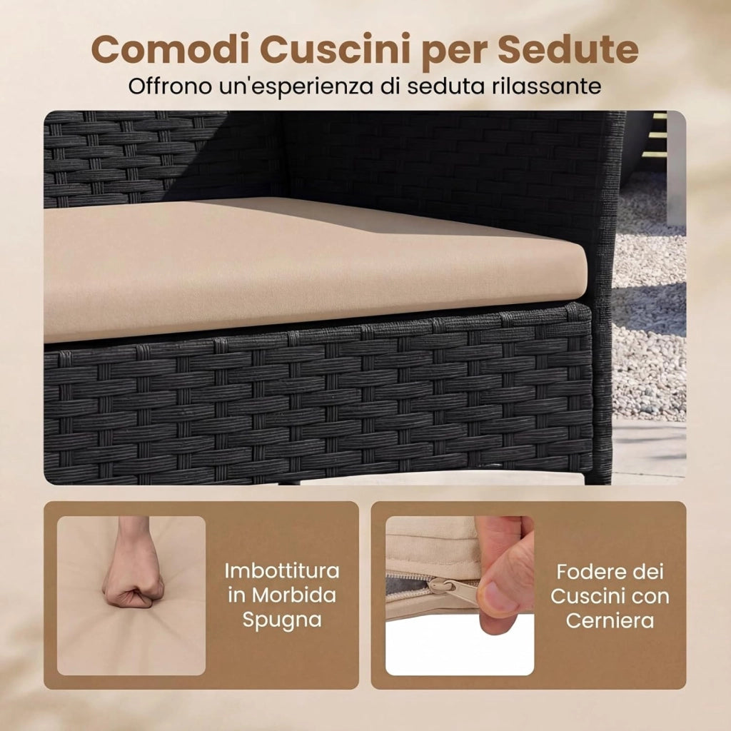 Set Salotto da Giardino 4 Pezzi, Divanetto da Esterno in Rattan PE con 2 Poltrone e Tavolino con Piano in Vetro Temperato, Cuscini Imbottiti e Telaio Metallo per Terrazzo e Balcone (Giallo)
