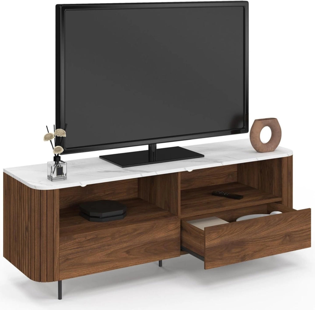 140 cm MARLA mobile TV effetto doghe in noce con 2 cassetti e piano in marmo bianco ALASKA
