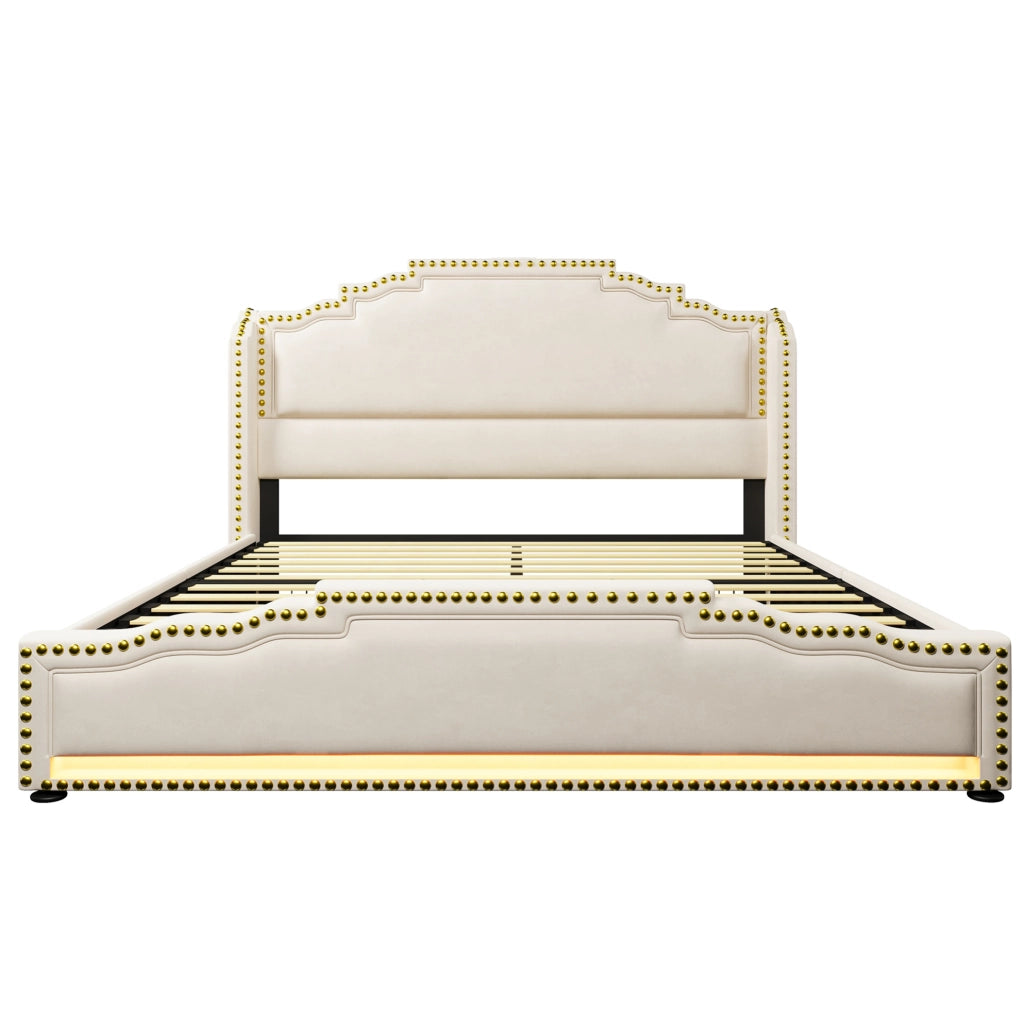 Letto 160x200 cm con 4 cassetti; LED e USB Type-C in velluto beige
