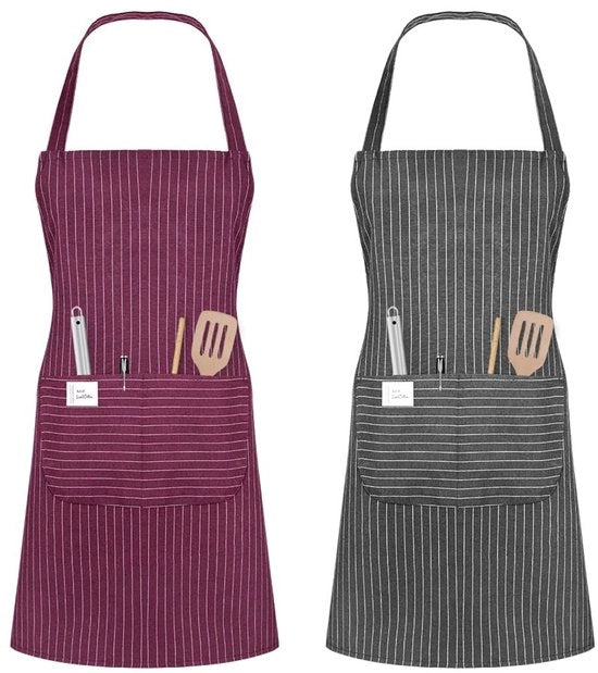 Cucina Schort Acqua-Resistente - Adattabile - Bordeaux e Grigio - Cucina - Con Tasca - Adatto per Adulti - 70x66 cm