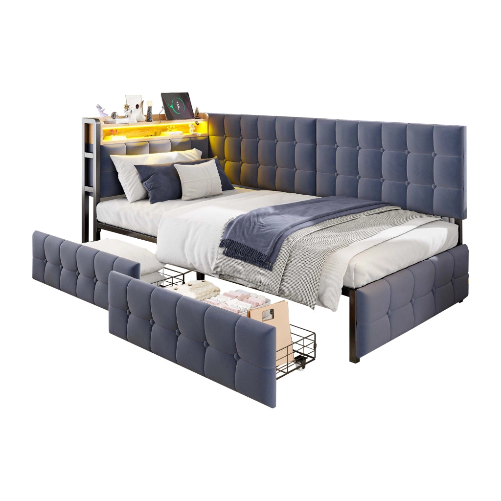 Divano letto imbottito 90x200 cm grigio con 2 cassetti, LED integrato e porte USB/Type-C