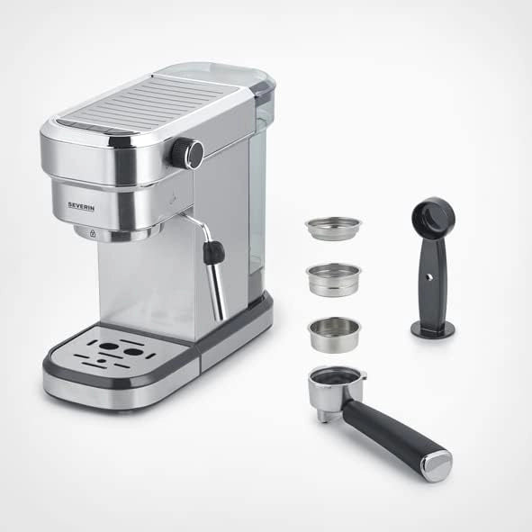 Severin ka 5994 macchina espresso espresa, per 1 o 2 tazze, adatta per cialde ese e caffè macinato, pronta in 40 secondi, pressione 15 bar, 1350 w, acciaio inox, argento/nero