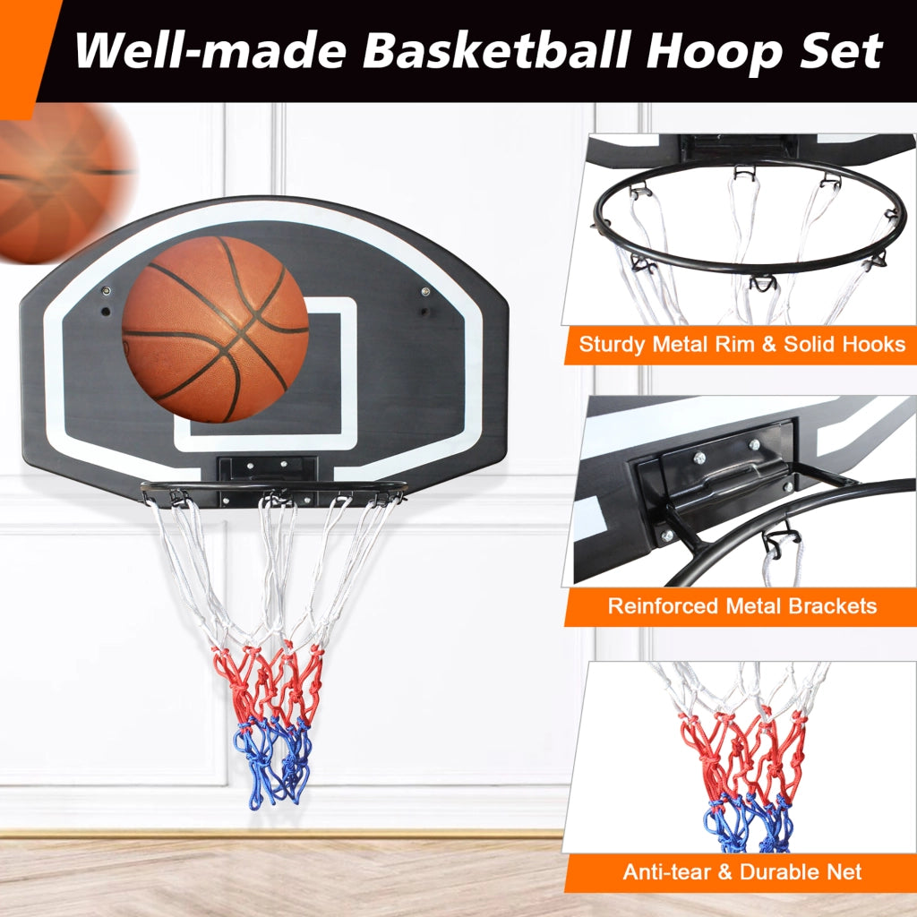 Area giochi canestro da basket da parete con tabellone in PE e struttura in ferro nero 72,39 × 45,72 cm
