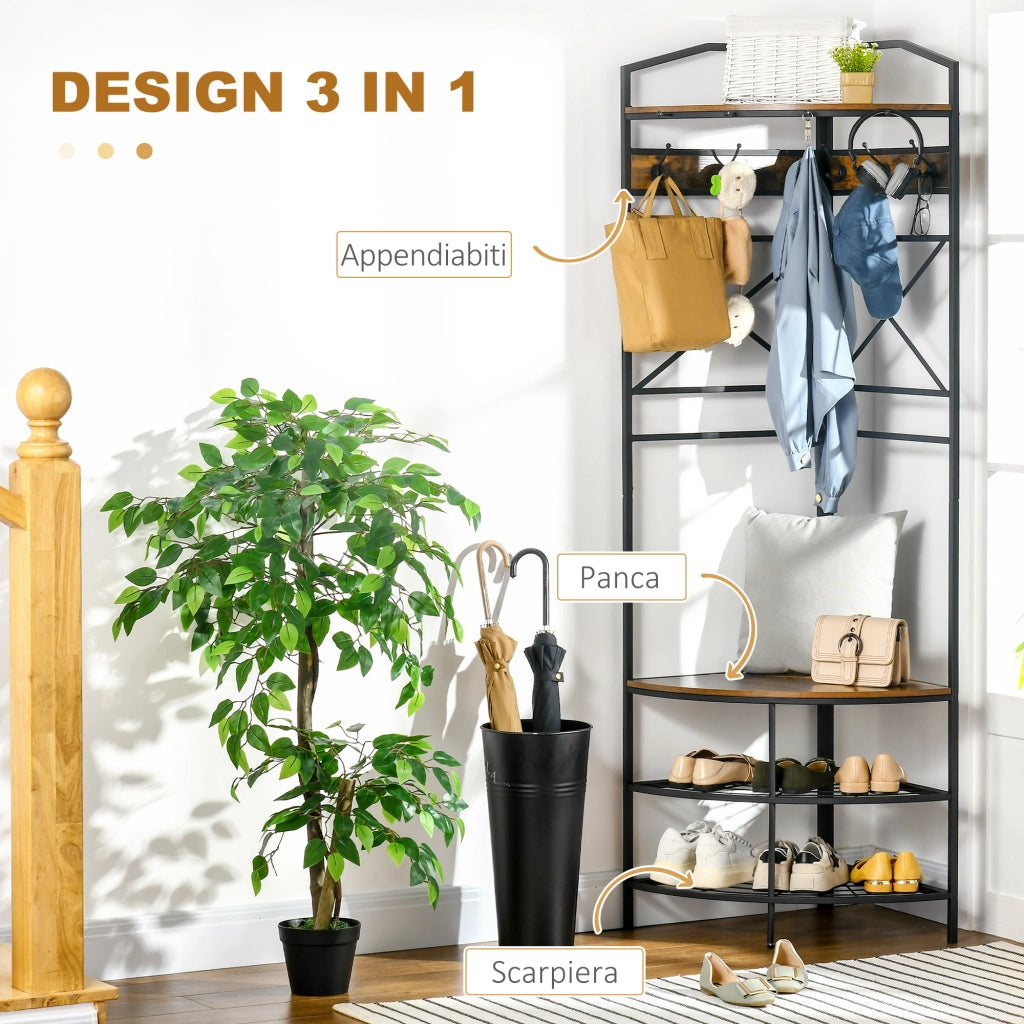 Appendiabiti da Terra Angolare con Panca e Scarpiera in Stile Industriale, 50x50x183cm, Marrone