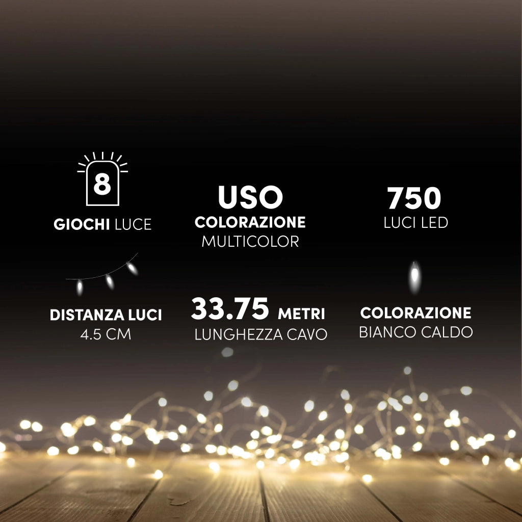 HIGH-TECH BOX MINILUCCIOLE CON FILO TRASPARENTE 750 LED BIANCO CALDO USO INTERNO ED ESTERNO
