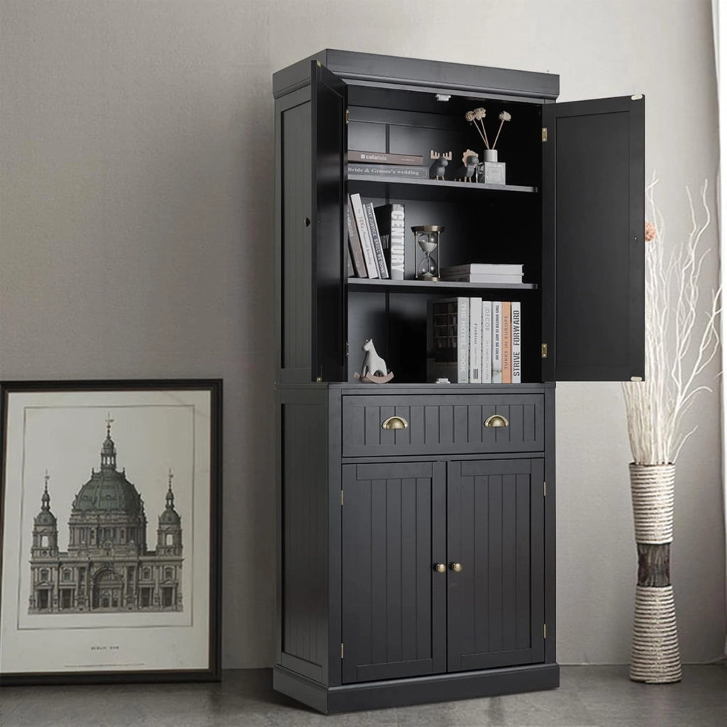 Armadietto portaoggetti multiuso con 1 cassetto e 4 ante, 76 x 40 x 183,5 cm, mobile alto per cucina, soggiorno e bagno, armadietto da bagno in legno (nero)