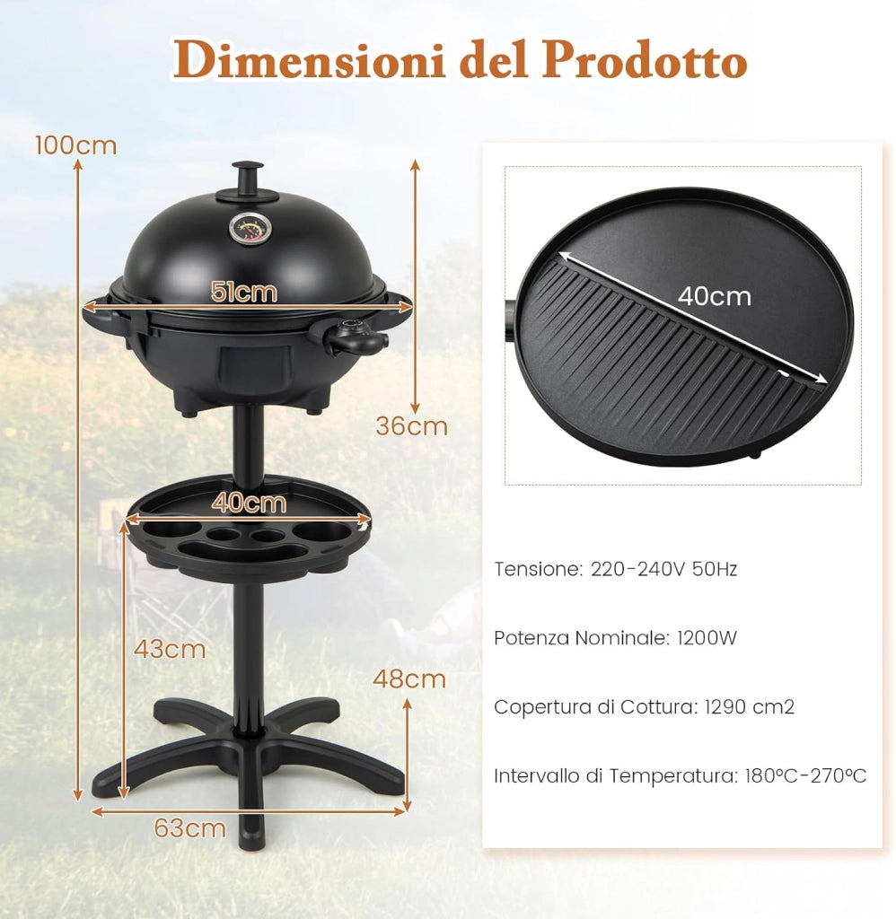 2 in 1 Barbecue Elettrico 1200W in Aluminio con Coperchio a Termometro, Barbecue da Tavolo con Mensola e Piedistalli, Griglia con Piastra Antiaderente per Interni ed Esterni, 63 x 63 x 100 cm